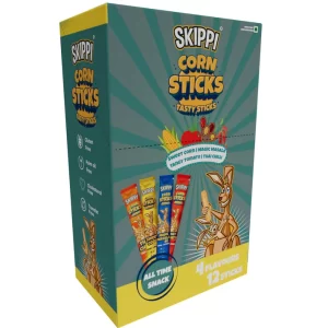 All Time Snack of Skippi Tasty Corn Sticks, Assorted Triple Pack of 4 flavors (Sweet Corn, Magic Masala, Tangy Tomato & Thai Chilli), 144g (12g x 12 Rolls)